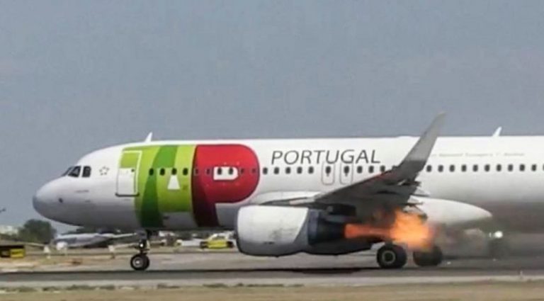 Kalkışa hazırlanan TAP Air Portugal uçağının motorundan alevler çıktı